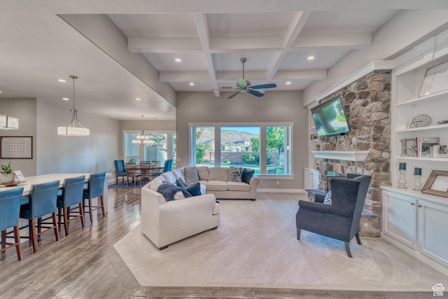 3207 W 2650 S, Hurricane, UT 84737 - living room featuring a ceiling fan, beam ceiling, recessed lighting, healthy amount of natural light, and coffered ceiling
