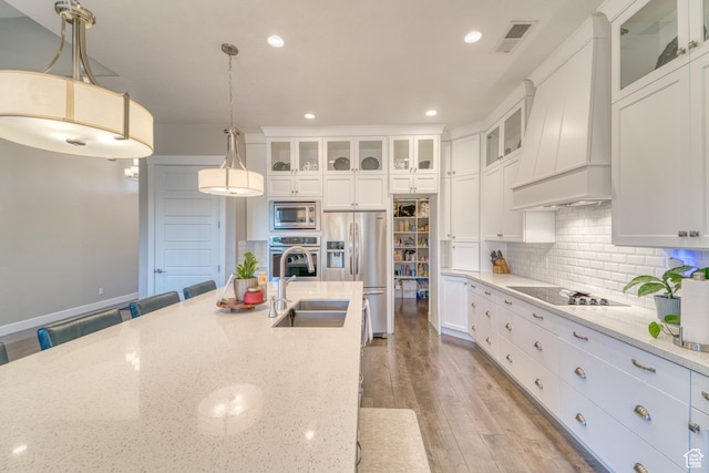 3207 W 2650 S, Hurricane, UT 84737 - kitchen with appliances with stainless steel finishes, a sink, custom exhaust hood, light wood finished floors, and decorative light fixtures