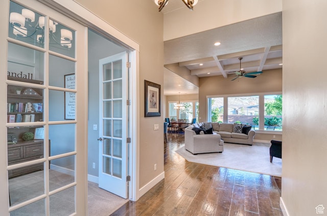 3207 W 2650 S, Hurricane, UT 84737 - corridor with coffered ceiling, beamed ceiling, wood-type flooring, baseboards, and a chandelier