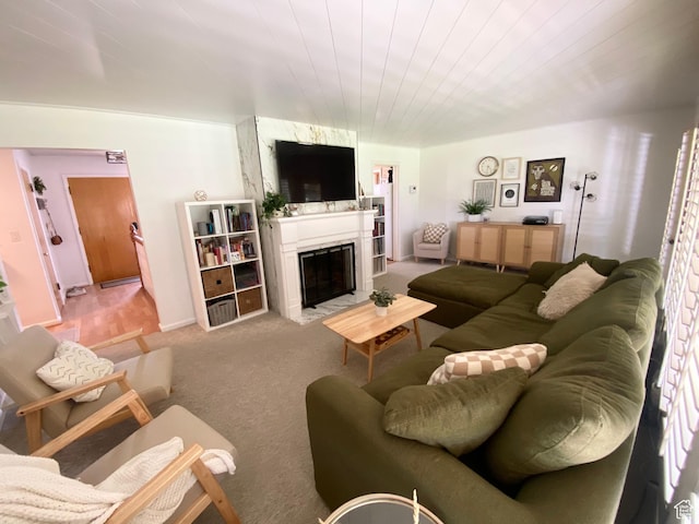 1321 Darling St, Ogden, UT 84403 - living room featuring a fireplace with flush hearth, light colored carpet, and wooden ceiling