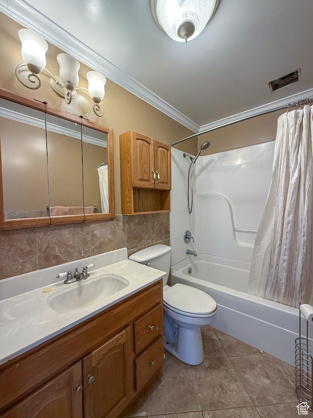 346 Columbia Dr, East Carbon, UT 84520 - full bathroom featuring ornamental molding, vanity, shower / bath combo with shower curtain, toilet, and tile patterned flooring