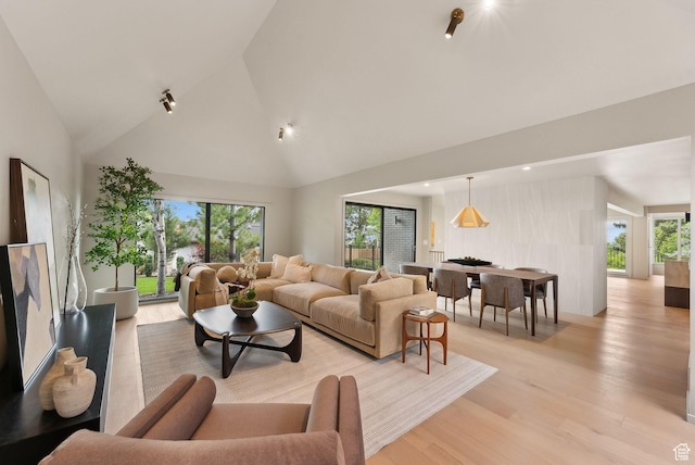 2655 E Hiawatha Cir, Salt Lake City, UT 84108 - living room with light wood-type flooring, high vaulted ceiling, and recessed lighting