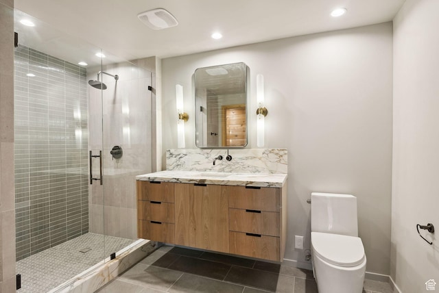 2655 E Hiawatha Cir, Salt Lake City, UT 84108 - full bathroom with vanity, a shower stall, toilet, recessed lighting, and tile patterned flooring
