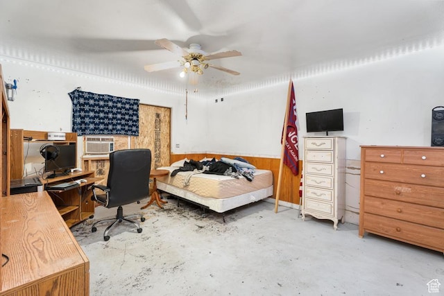 785 N Lauritzen St, Hildale, UT 84784 - bedroom featuring unfinished concrete flooring, an office area, cooling unit, and ceiling fan