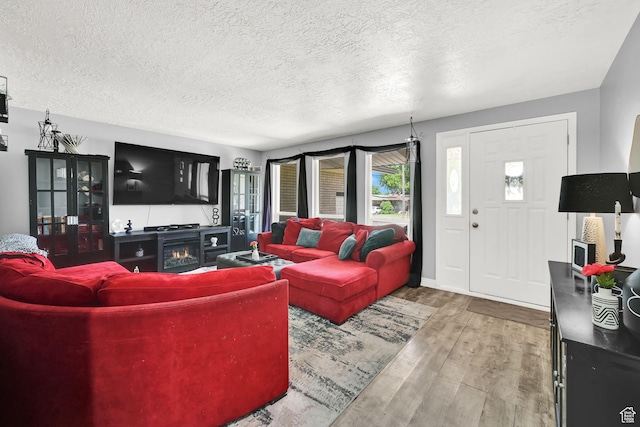 2195 W 4250 S, Roy, UT 84067 - living area featuring a textured ceiling, wood finished floors, and a warm lit fireplace