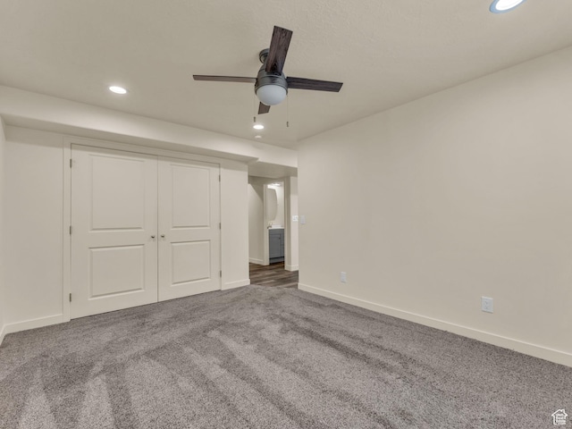 5636 W Lost Mine Ln, Herriman, UT 84096 - unfurnished bedroom featuring carpet flooring, recessed lighting, baseboards, ceiling fan, and a closet
