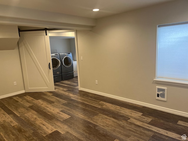2027 W 2175 N, Lehi, UT 84043 - washroom with washer and dryer, a barn door, heating unit, dark wood-style floors, and baseboards