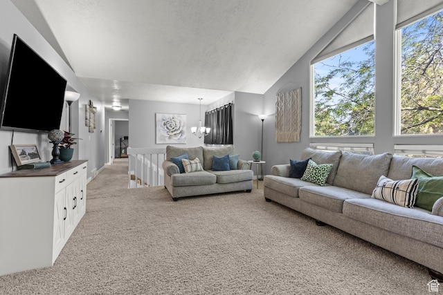 720 Freedom Cir N, Salt Lake, UT 84054 - living area with light carpet, a chandelier, and lofted ceiling