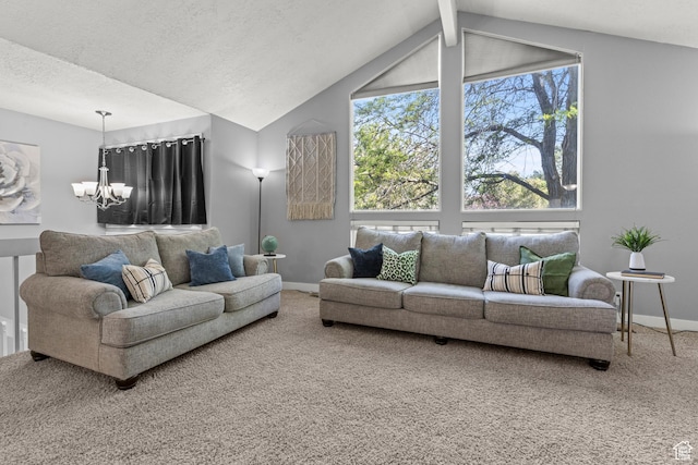 720 Freedom Cir N, Salt Lake, UT 84054 - living room featuring carpet flooring, a chandelier, baseboards, and vaulted ceiling