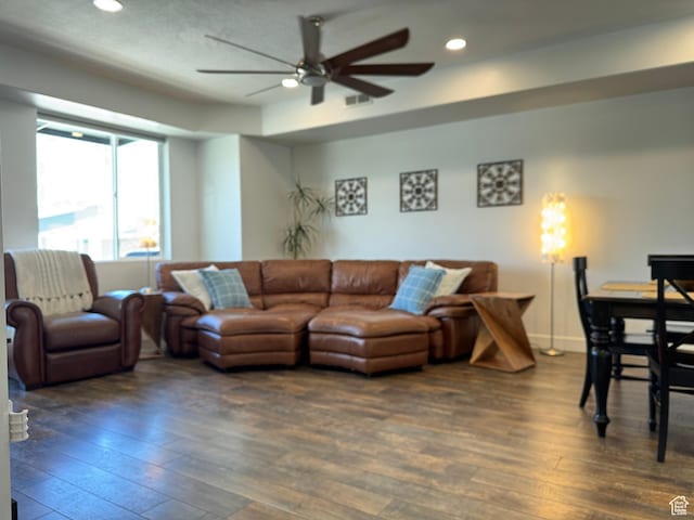 5308 W Solafax Ln S, Herriman, UT 84096 - living area featuring dark wood-style floors, a ceiling fan, and recessed lighting