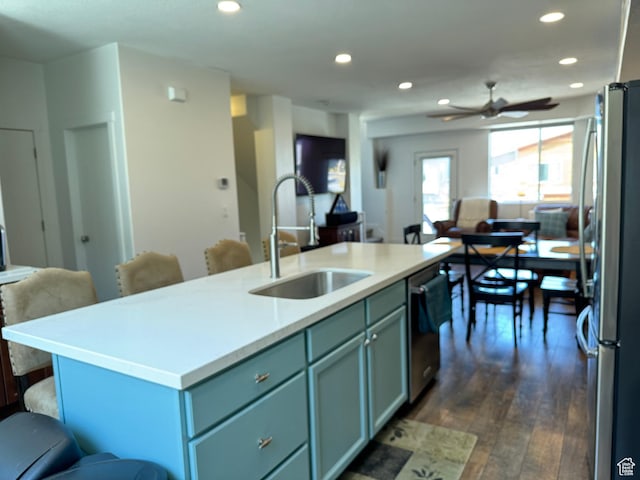 5308 W Solafax Ln S, Herriman, UT 84096 - kitchen featuring open floor plan, stainless steel appliances, a ceiling fan, recessed lighting, and light countertops