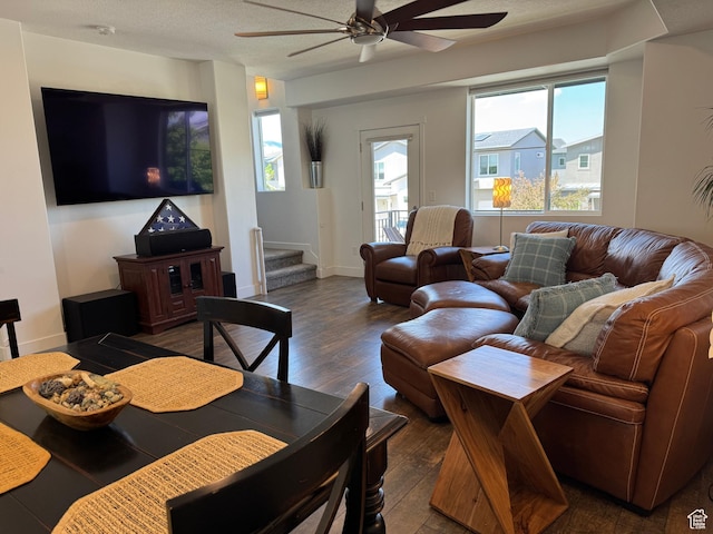5308 W Solafax Ln S, Herriman, UT 84096 - living area featuring ceiling fan, hardwood / wood-style flooring, and stairs