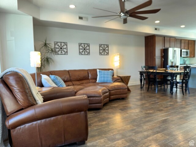 5308 W Solafax Ln S, Herriman, UT 84096 - living room with a ceiling fan, dark wood-style floors, and recessed lighting
