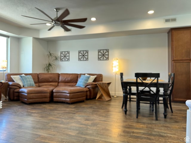 5308 W Solafax Ln S, Herriman, UT 84096 - living room with dark wood finished floors, a ceiling fan, and recessed lighting
