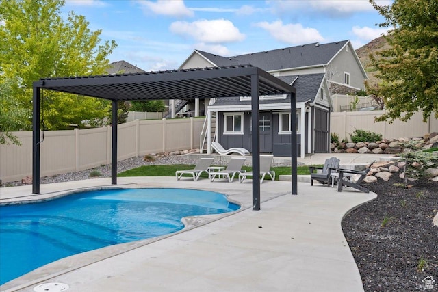 6688 W Buck Dr, Herriman, UT 84096 - view of pool featuring an outbuilding, a fenced backyard, a patio area, and a pergola