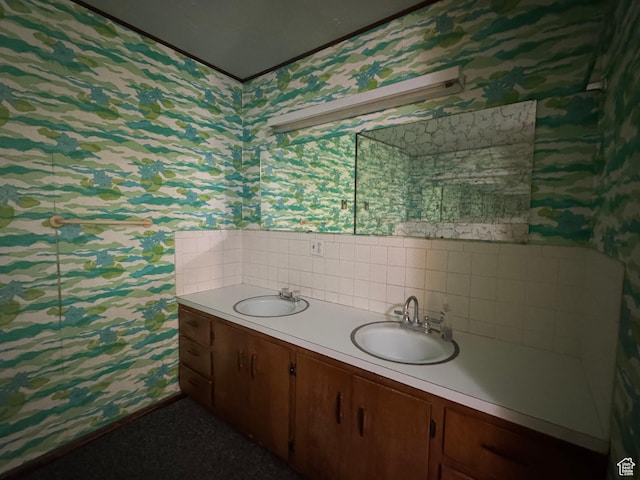 109 W 300 S, Holden, UT 84636 - bathroom with wallpapered walls and double vanity
