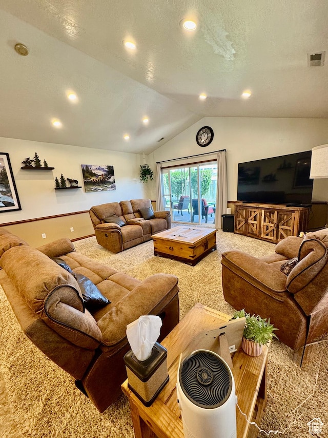 1660 E 900 S Unit 19, Clearfield, UT 84015 - living area featuring carpet, lofted ceiling, recessed lighting, a textured ceiling, and baseboards