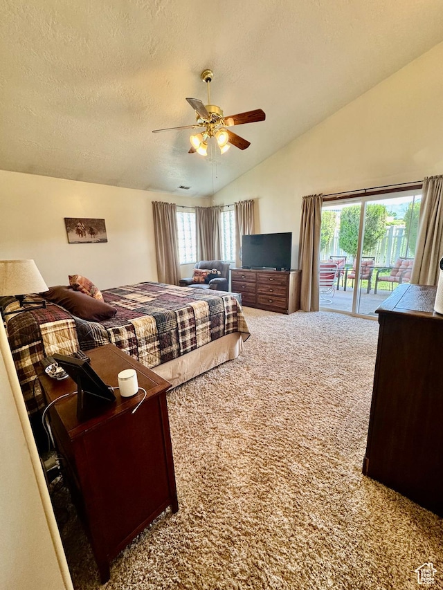 1660 E 900 S Unit 19, Clearfield, UT 84015 - carpeted bedroom with access to exterior, vaulted ceiling, a textured ceiling, and ceiling fan