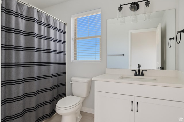 4945 W Willowbank Dr W, Highland, UT 84003 - full bathroom with toilet, vanity, baseboards, and a shower with shower curtain