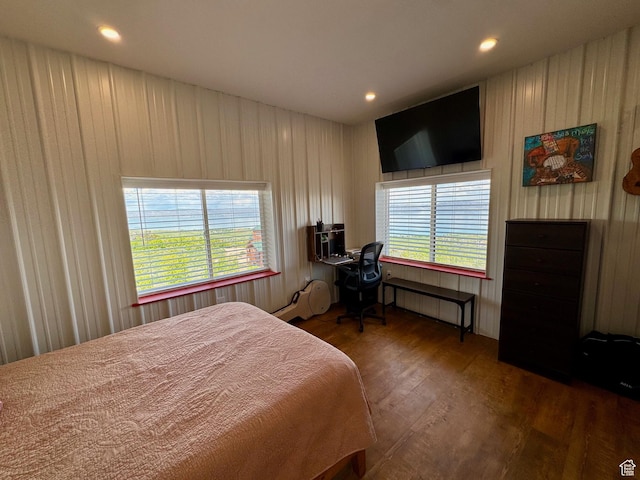 357 Juniper Dr Unit 480, Fish Haven, ID 83287 - bedroom featuring wood finished floors, radiator heating unit, recessed lighting, and wood walls