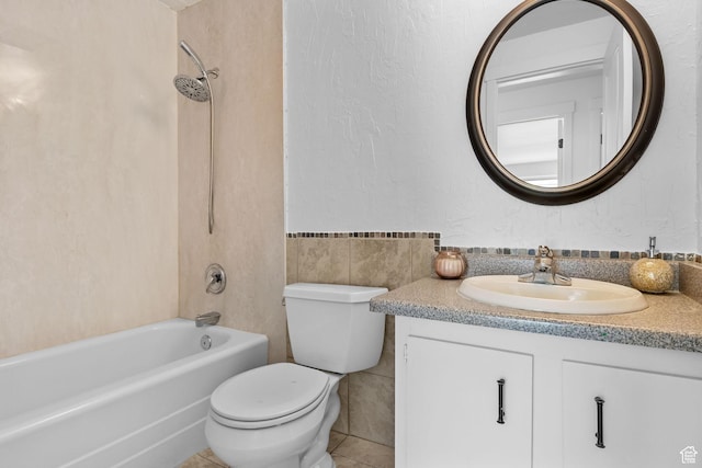 9224 S Benson Way, Sandy, UT 84070 - bathroom featuring vanity, shower / bathtub combination, toilet, tile walls, and a wainscoted wall