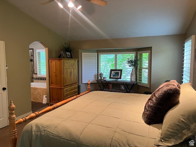 93 E Sweet Berry Ct, Draper, UT 84020 - bedroom with vaulted ceiling, arched walkways, ensuite bathroom, ceiling fan, and carpet