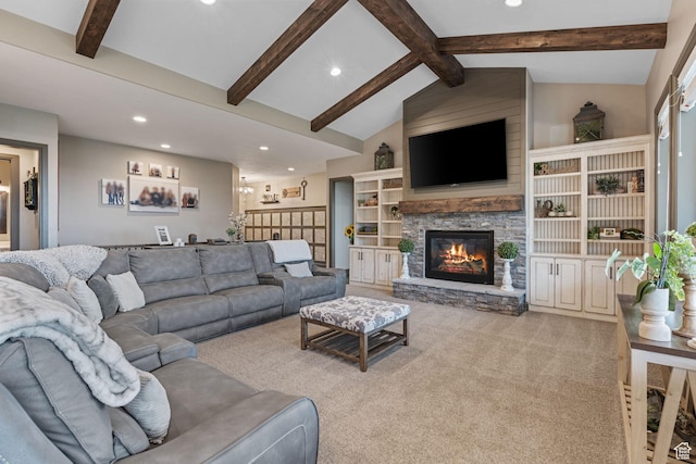 15113 S Cedar Meadow Cir, Herriman, UT 84096 - living area featuring a stone fireplace, recessed lighting, and carpet floors