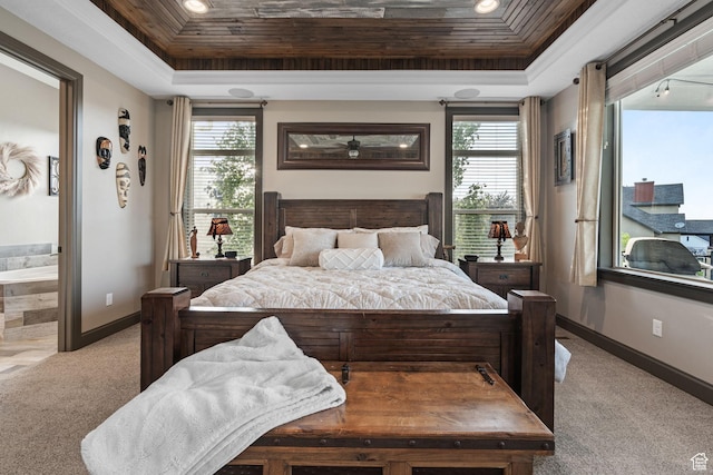 15113 S Cedar Meadow Cir, Herriman, UT 84096 - bedroom with a tray ceiling, light colored carpet, baseboards, crown molding, and recessed lighting