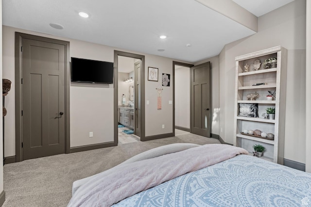 15113 S Cedar Meadow Cir, Herriman, UT 84096 - bedroom featuring baseboards, light carpet, ensuite bath, and recessed lighting