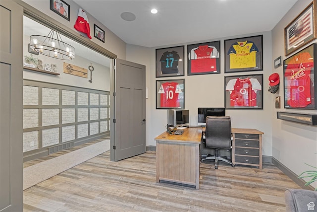15113 S Cedar Meadow Cir, Herriman, UT 84096 - office area featuring a chandelier, light wood-type flooring, baseboards, and recessed lighting