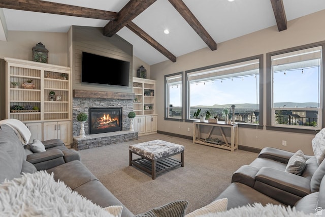 15113 S Cedar Meadow Cir, Herriman, UT 84096 - living room featuring carpet, a stone fireplace, baseboards, and recessed lighting