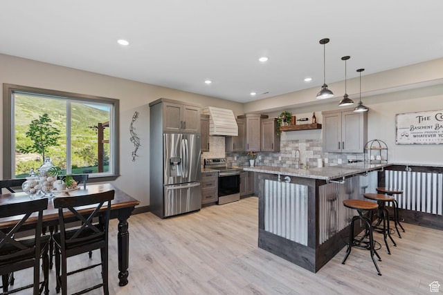 15113 S Cedar Meadow Cir, Herriman, UT 84096 - kitchen with stainless steel appliances, a sink, open shelves, light stone counters, and tasteful backsplash