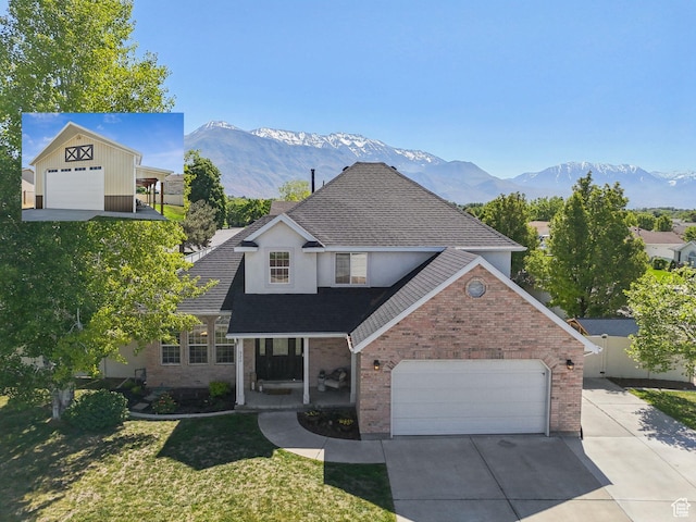 926 N 600 W, American Fork, UT 84003 - traditional home with brick siding, roof with shingles, a mountain view, concrete driveway, and a porch