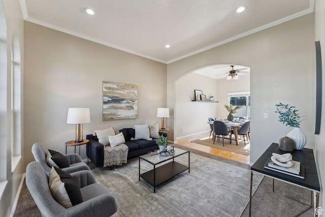 926 N 600 W, American Fork, UT 84003 - living area featuring ceiling fan, baseboards, recessed lighting, arched walkways, and wood finished floors