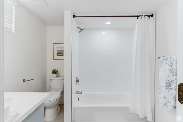 7474 S Brighton Way, Cottonwood Heights, UT 84121 - full bath featuring vanity, toilet, shower / tub combo with curtain, tile patterned floors, and recessed lighting