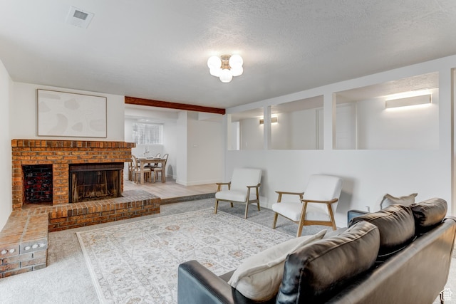 7474 S Brighton Way, Cottonwood Heights, UT 84121 - carpeted living area featuring a brick fireplace, a textured ceiling, and baseboards