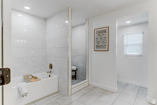7474 S Brighton Way, Cottonwood Heights, UT 84121 - full bathroom featuring tile patterned floors, a bath, baseboards, a shower, and recessed lighting