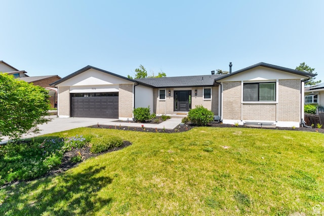 7474 S Brighton Way, Cottonwood Heights, UT 84121 - ranch-style home featuring a garage, brick siding, concrete driveway, and a front lawn