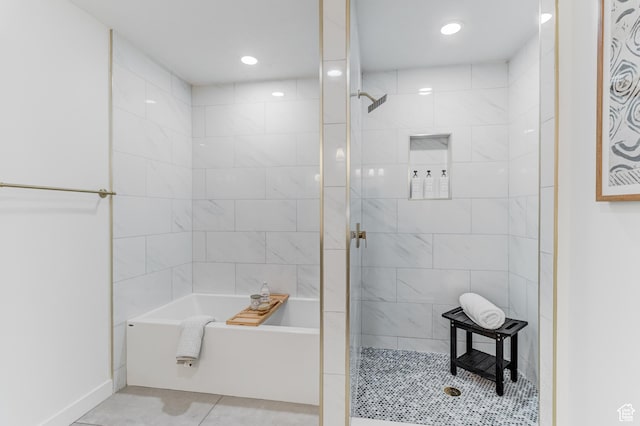 7474 S Brighton Way, Cottonwood Heights, UT 84121 - bathroom featuring a shower stall, a bath, tile patterned flooring, and recessed lighting