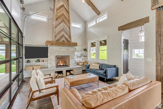 1685 N 300 E, Midway, UT 84049 - living room with high vaulted ceiling, wood finished floors, a fireplace, and beamed ceiling