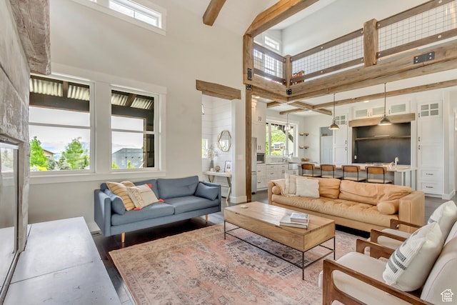 1685 N 300 E, Midway, UT 84049 - living room featuring a towering ceiling, beam ceiling, and wood finished floors