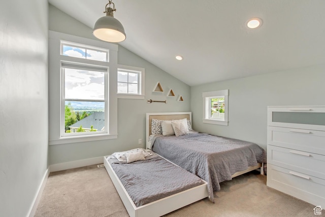 1685 N 300 E, Midway, UT 84049 - bedroom with light colored carpet, vaulted ceiling, multiple windows, baseboards, and recessed lighting