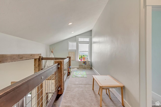 1685 N 300 E, Midway, UT 84049 - hall with lofted ceiling, carpet flooring, baseboards, an upstairs landing, and recessed lighting