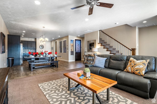 3800 Paradise Village Dr Unit 84, Santa Clara, UT 84765 - living room with a ceiling fan, stairs, dark wood finished floors, a chandelier, and recessed lighting
