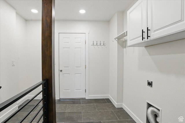 5167 N Rodeo Cir Unit 6, Oakley, UT 84055 - laundry room featuring cabinet space, electric dryer hookup, dark tile patterned floors, baseboards, and recessed lighting