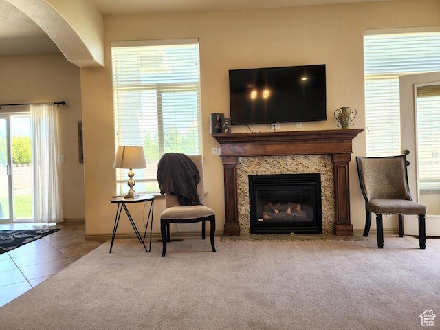 779 S 1850 W, Cedar City, UT 84720 - living area with arched walkways, a fireplace, healthy amount of natural light, and carpet floors