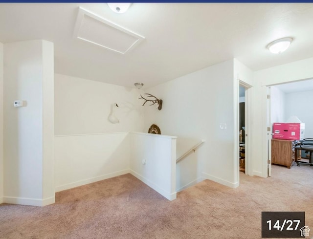 269 W Willow Dr, Saratoga Springs, UT 84045 - hallway with attic access, carpet, an upstairs landing, and baseboards