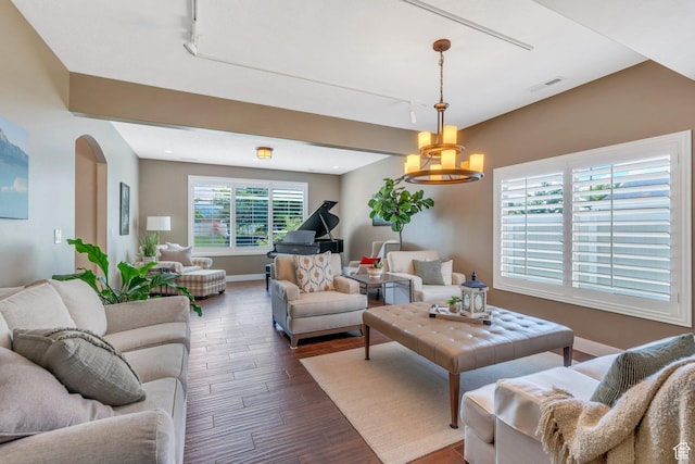 758 W 375 N, Springville, UT 84663 - living room featuring track lighting, dark wood-type flooring, baseboards, and arched walkways