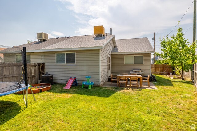 429 S Storrs Ave, American Fork, UT 84003 - back of property featuring a trampoline, a patio, roof with shingles, and central AC