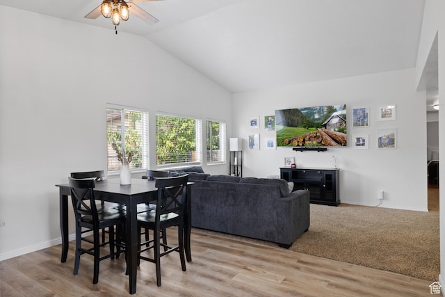 429 S Storrs Ave, American Fork, UT 84003 - dining space featuring ceiling fan, light wood-type flooring, high vaulted ceiling, and baseboards
